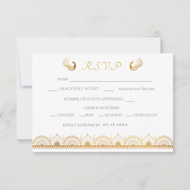 Indian Gold Ethnic Pattern Wedding RSVP Card (Front)