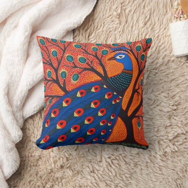 Indian Gond Art Peacock | Art of India Cushion (Blanket)