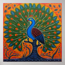 Indian Gond Art Peacock Orange | Art of India