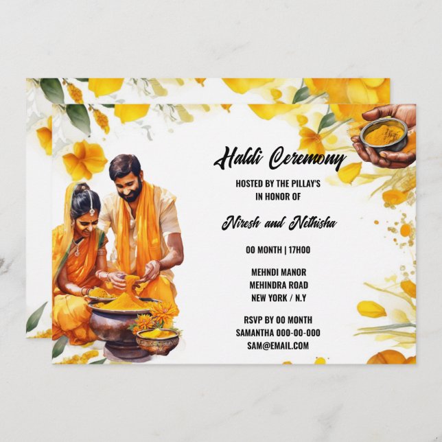Indian Haldi Ceremony turmeric floral bride groom Invitation (Front/Back)