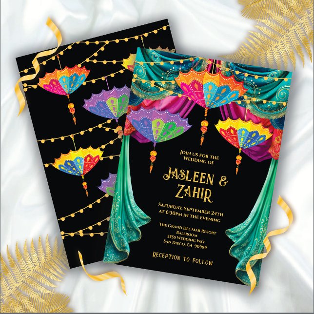 Indian Hindu Colourful Parasol Draperie Wedding Invitation (Creator Uploaded)