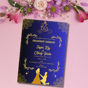 Indian Hindu Engagement Ceremony Blue & Golden Invitation