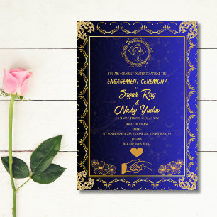 Indian Hindu Engagement Ceremony Blue & Golden Invitation