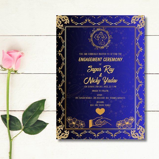 Indian Hindu Engagement Ceremony Blue & Golden Invitation (Creator Uploaded)