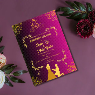 Indian Hindu Engagement Ceremony Pink & Golden Invitation