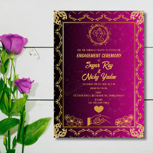 Indian Hindu Engagement Ceremony Pink & Golden Invitation