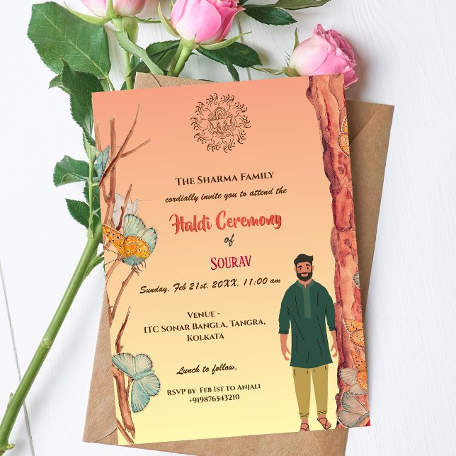 Indian Hindu Groom Haldi Ceremony Butterfly Invitation (Creator Uploaded)