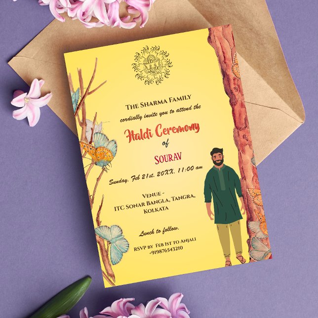 Indian Hindu Groom Haldi Ceremony Butterfly Invitation (Creator Uploaded)
