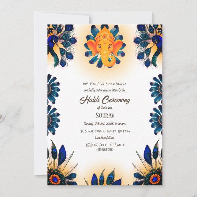 Indian Hindu Groom Haldi Ceremony Peacock Theme  Invitation (Front)