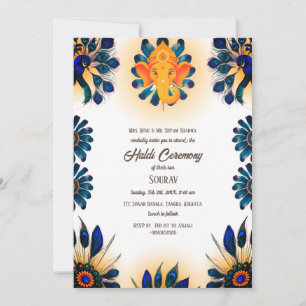 Indian Hindu Groom Haldi Ceremony Peacock Theme Invitation