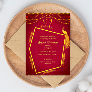 Indian Hindu Groom Haldi Ceremony Peacock Theme Invitation