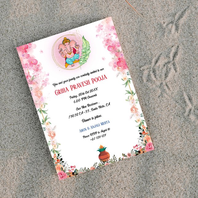 Indian Hindu Housewarming Griha Pravesh Floral Invitation (Creator Uploaded)