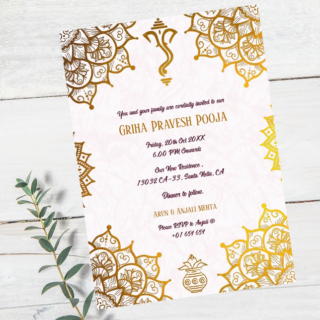 Indian Hindu Housewarming Griha Pravesh Golden Invitation (Creator Uploaded)
