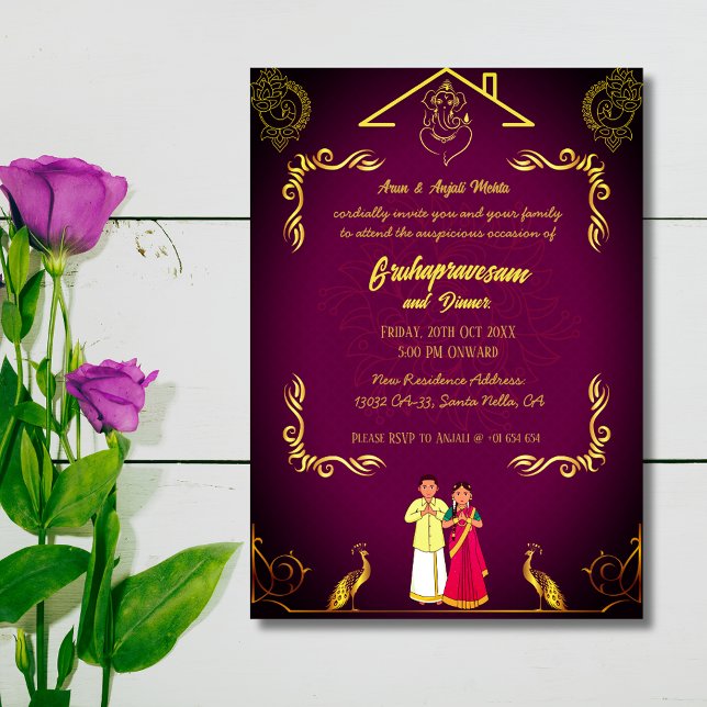Indian Hindu Housewarming Gruhapravesam Golden Invitation (Creator Uploaded)
