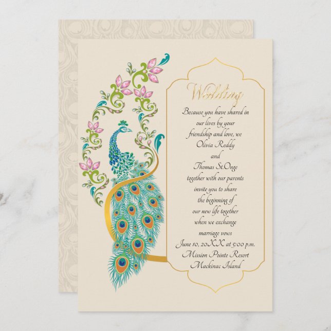 Indian Hindu Peacock Wedding Invitation (Front/Back)