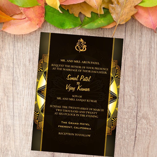 Indian Hindu Wedding Chakra Design Black Gold Invitation (Creator Uploaded)