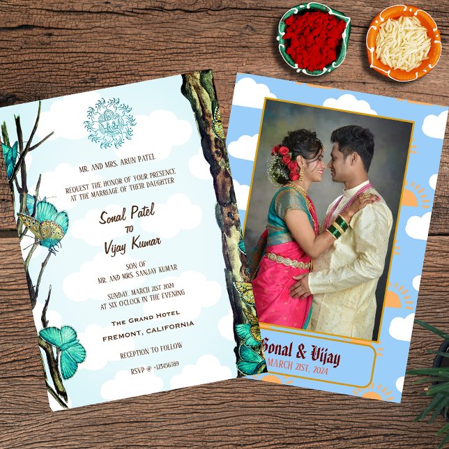 Indian Hindu Wedding Couple Image Butterfly Invitation (Creator Uploaded)