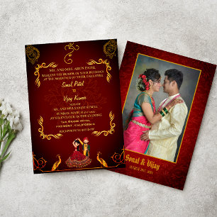 Indian Hindu Wedding Couple Image Golden Peacock Invitation