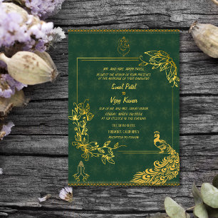 Indian Hindu Wedding Couple Image Golden Peacock Invitation