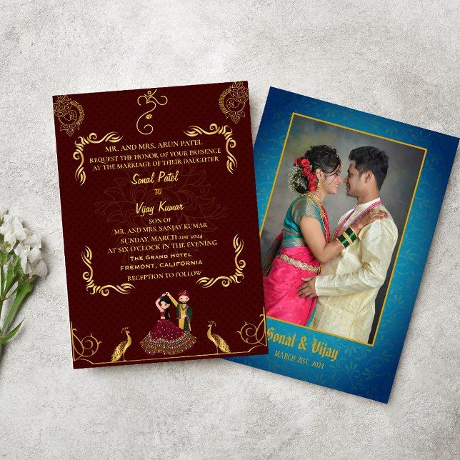 Indian Hindu Wedding Couple Image Golden Peacock Invitation (Creator Uploaded)