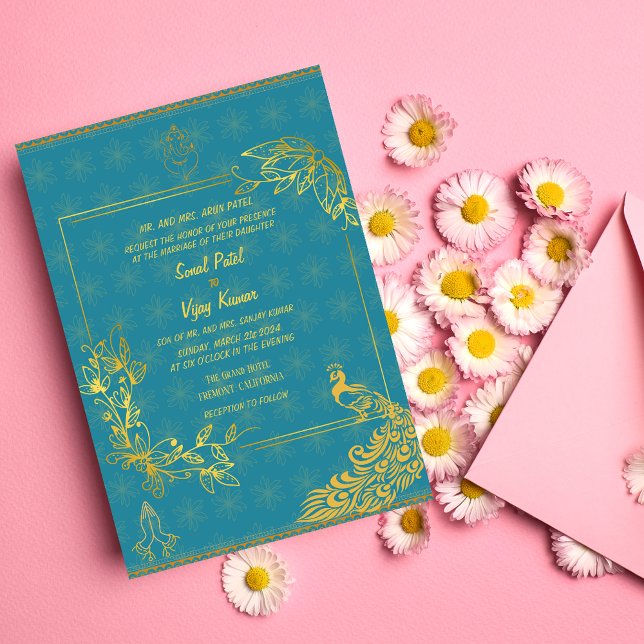Indian Hindu Wedding Couple Image Golden Peacock Invitation (Creator Uploaded)