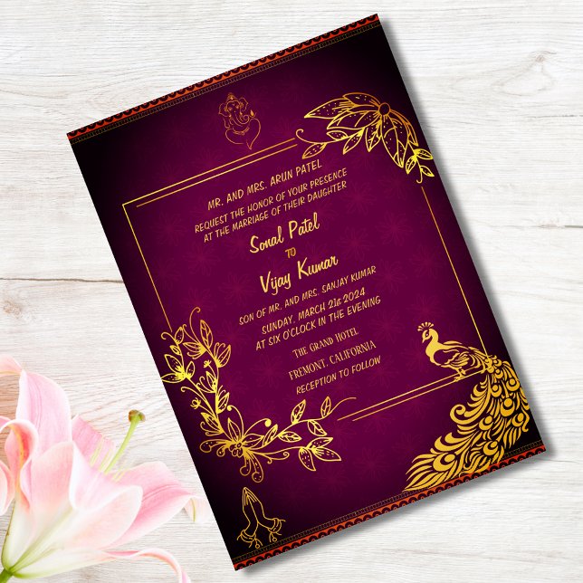 Indian Hindu Wedding Couple Image Golden Peacock Invitation (Creator Uploaded)
