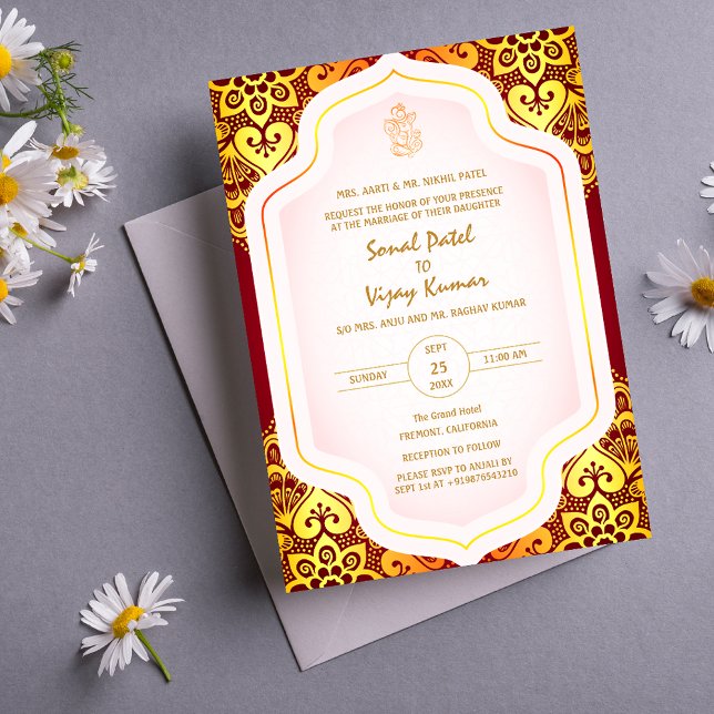 Indian Hindu Wedding Ganesha Logo Golden Elements Invitation (Creator Uploaded)
