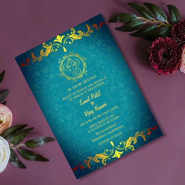 Indian Hindu Wedding Ganesha Royal Golden Invitation (Creator Uploaded)