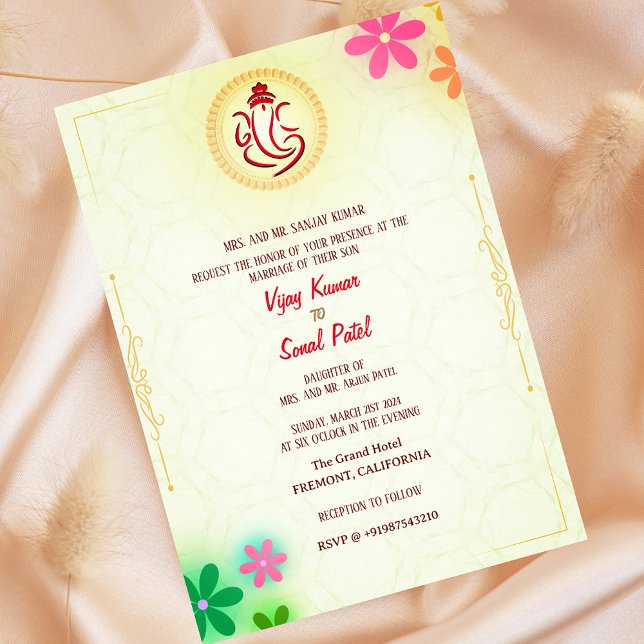 Indian Hindu Wedding Ganesha with Floral Elements Invitation (Creator Uploaded)