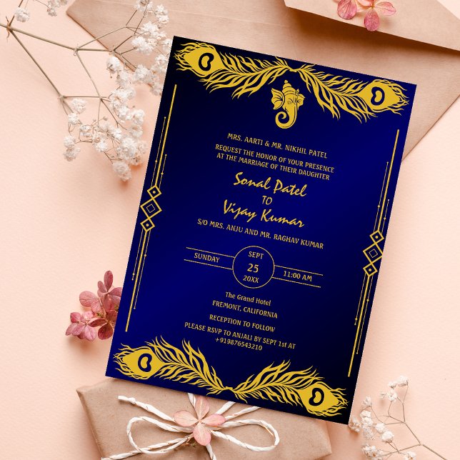Indian Hindu Wedding Golden Elements Ganesha Logo Invitation (Creator Uploaded)