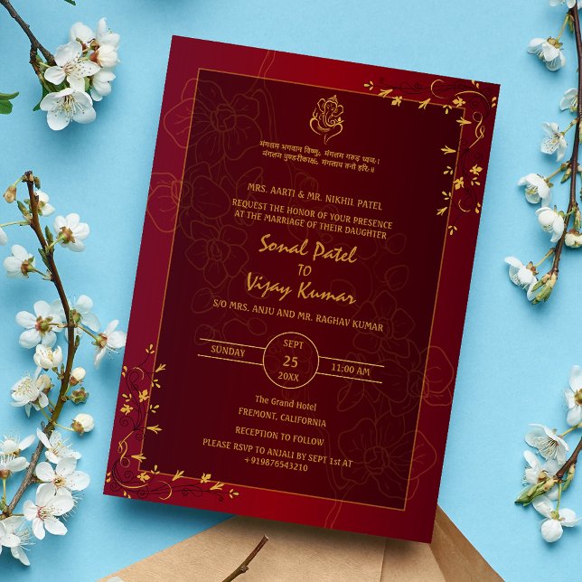 Indian Hindu Wedding Golden Elements Ganesha Logo Invitation (Creator Uploaded)