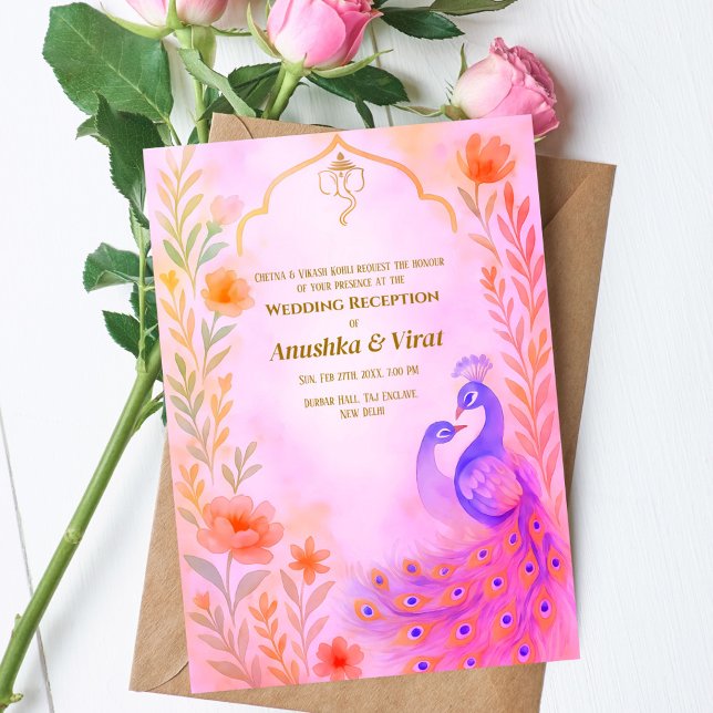 Indian Hindu Wedding Reception Peacock Floral Invitation (Creator Uploaded)