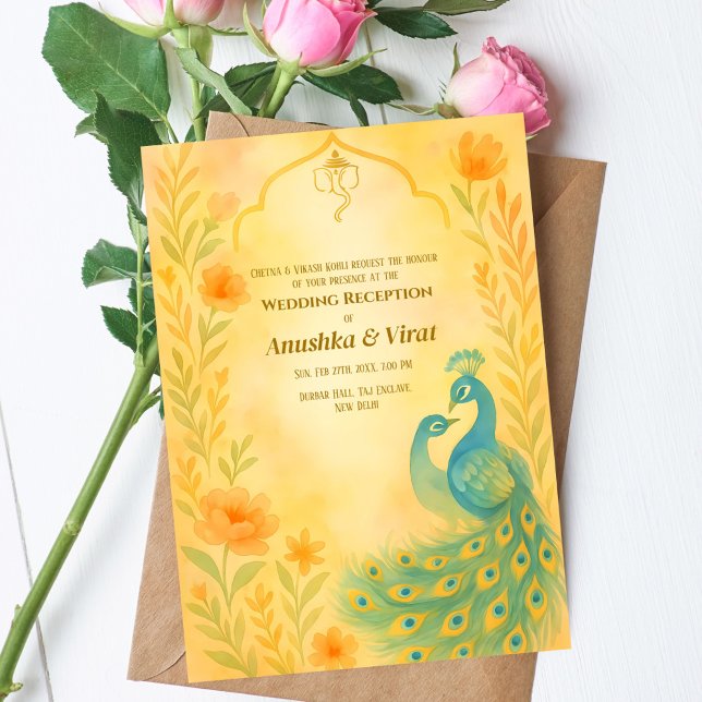 Indian Hindu Wedding Reception Peacock Floral Invitation (Creator Uploaded)