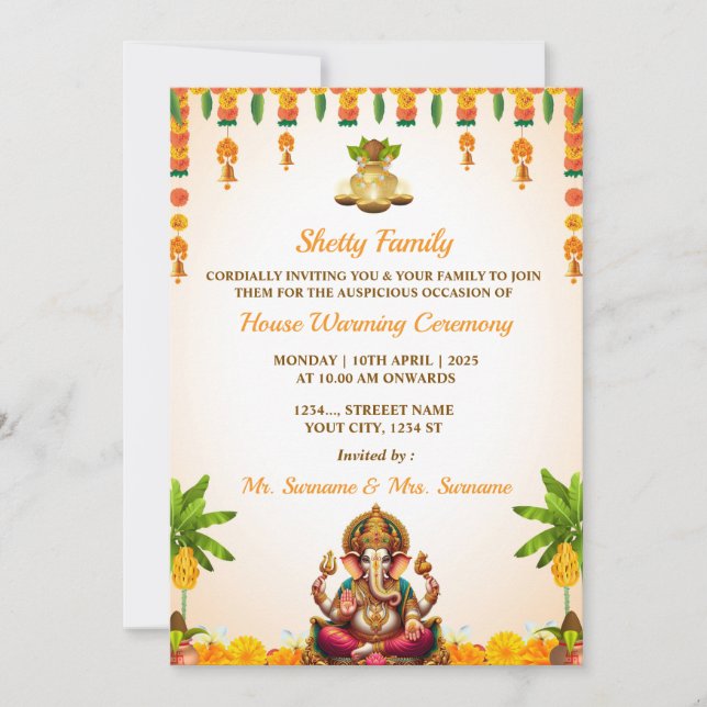 Indian Housewarming Invitation Card, Ganesh Puja (Front)
