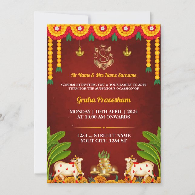 Indian Housewarming Invitation card, Gruha Pravesh (Front)