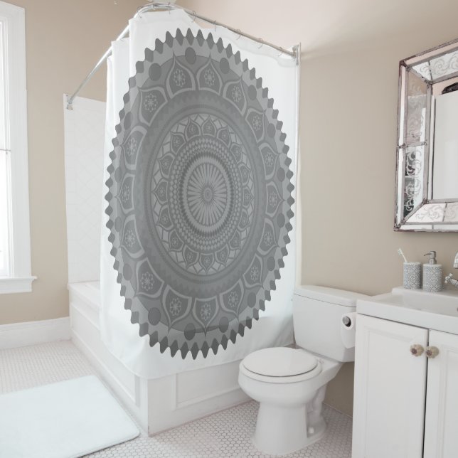 Indian mandala Orange in Grey Shower Curtain (In Situ)