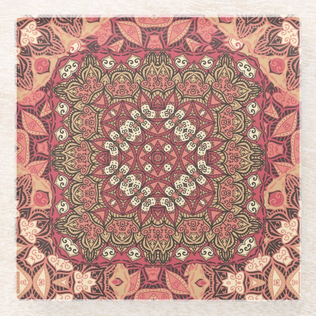 Indian medallion, boho ethnic ornament glass coaster (Front)