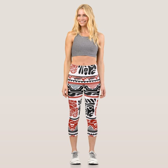 Indian motifs, black red, seamless pattern. capri leggings (Front)