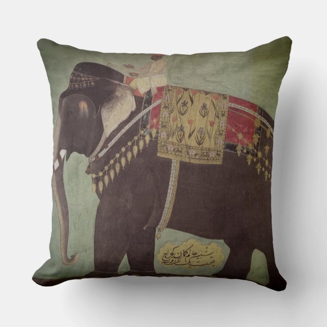 Indian/Mughal Elephant Green Throw Pillow (Front)