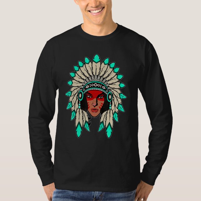 Indian Native American Warrior Woman With Headdres T-Shirt (Front)