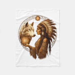Indian Native American Woman With White Wolf Vinta Fleece Blanket