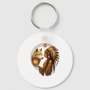 Indian Native American Woman With White Wolf Vinta Key Ring