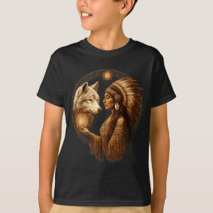 Indian Native American Woman With White Wolf Vinta T-Shirt