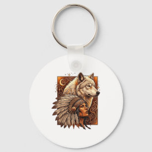 Indian Native American Woman With White Wolf Vitag Key Ring