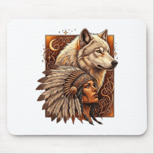 Indian Native American Woman With White Wolf Vitag Mouse Pad
