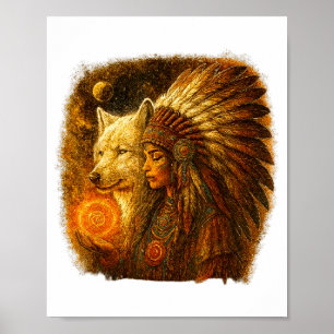 Indian Native American Woman With White Wolf Vitag Poster