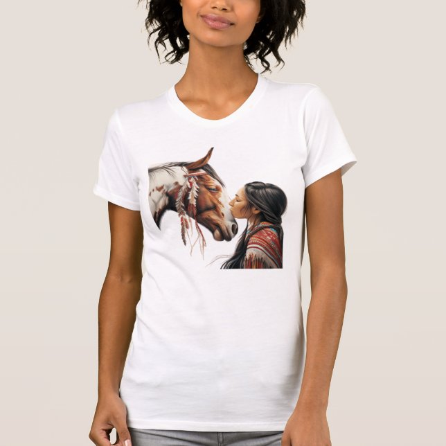 Indian Native Girl Kissing Horse T-Shirt (Front)