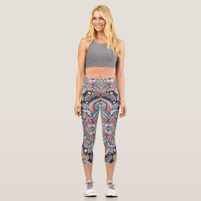 Indian Paisley: Ethnic Mandala Pattern Capri Leggings (Front)