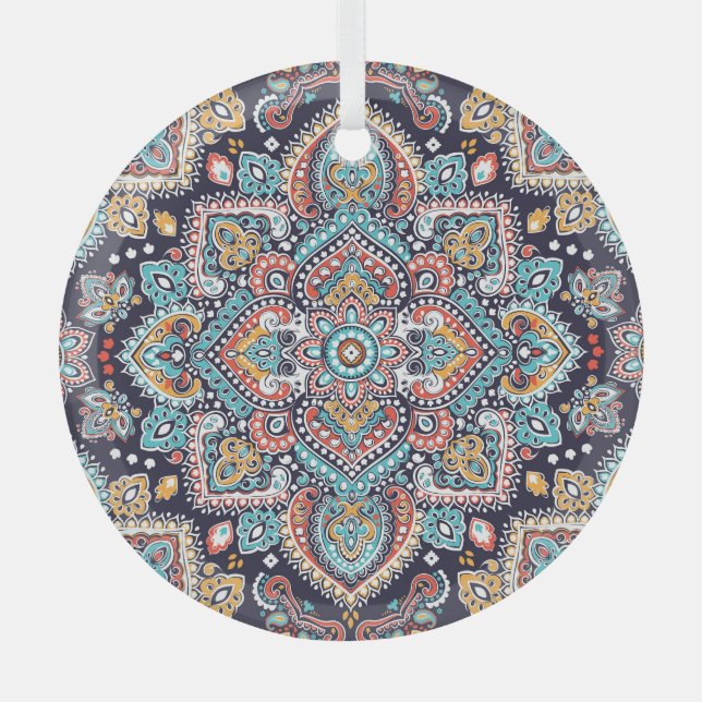 Indian Paisley: Ethnic Mandala Pattern Glass Tree Decoration (Front)