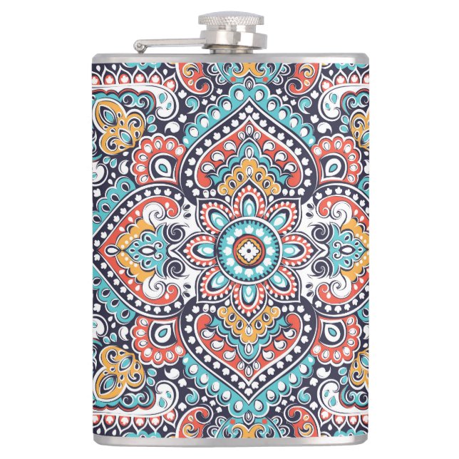 Indian Paisley: Ethnic Mandala Pattern Hip Flask (Front)